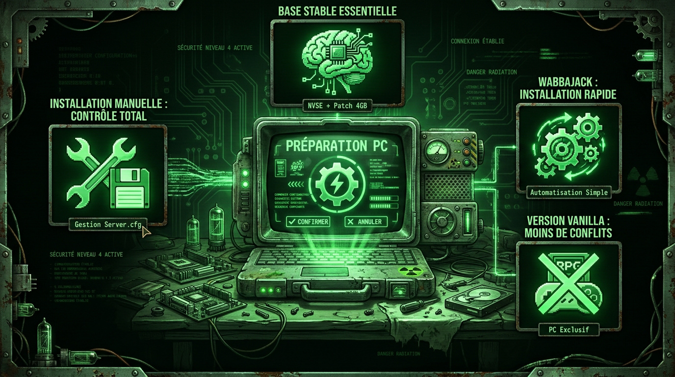 Infographie de configuration PC style Pip-Boy pour Fallout New Vegas
