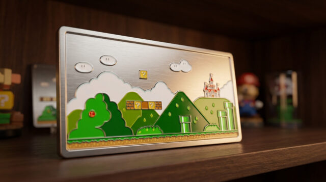 Plaque collector métallique Super Mario World Plaque métallique gravée représentant un niveau classique de Super Mario World avec un château et des tuyaux verts.
