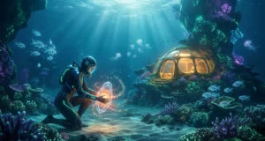 Un plongeur futuriste agenouillé dans un récif corallien bioluminescent, tenant un cristal brillant devant un habitat.