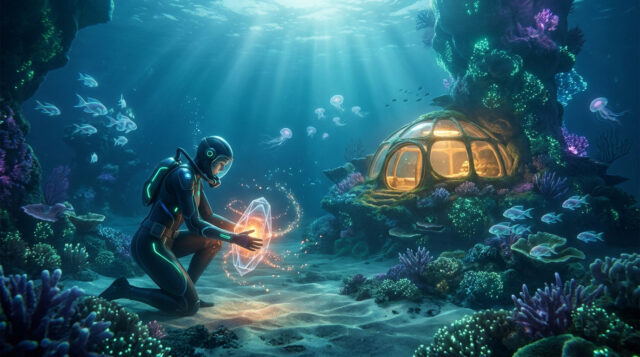 Un plongeur futuriste agenouillé dans un récif corallien bioluminescent, tenant un cristal brillant devant un habitat.