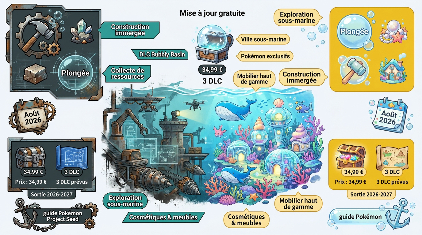 Aperçu du DLC sous-marin Bubbly Basin pour Pokémon Pokopia avec de nouveaux décors aquatiques
