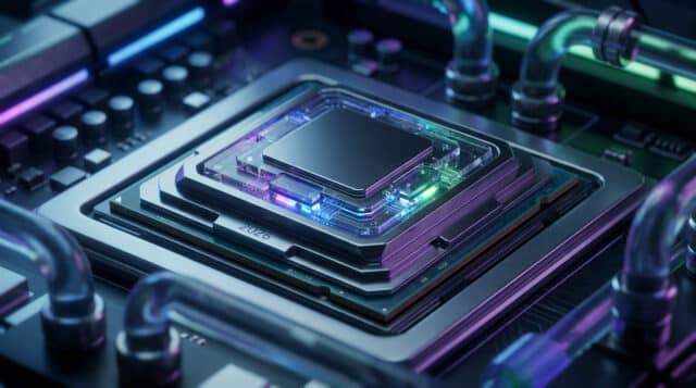 Guide : Quel processeur gaming choisir en 2026 Un processeur haute performance stylisé avec un éclairage néon bleu et violet sur une carte mère.