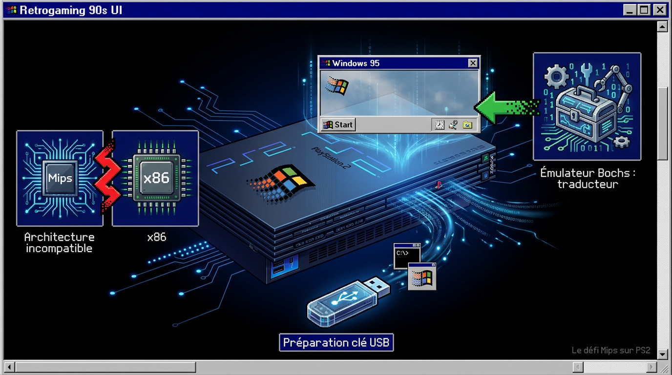 Schéma technique comparant l'architecture Mips de la PlayStation 2 et le x86 de Windows 95