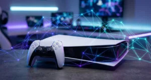 Console PS5 et manette DualSense entourées d'un réseau numérique lumineux symbolisant une connexion VPN sécurisée.