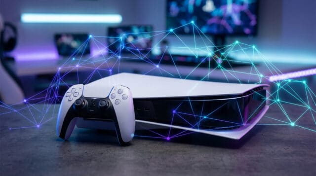 Meilleur VPN gaming 2026 pour votre PS5 Console PS5 et manette DualSense entourées d'un réseau numérique lumineux symbolisant une connexion VPN sécurisée.