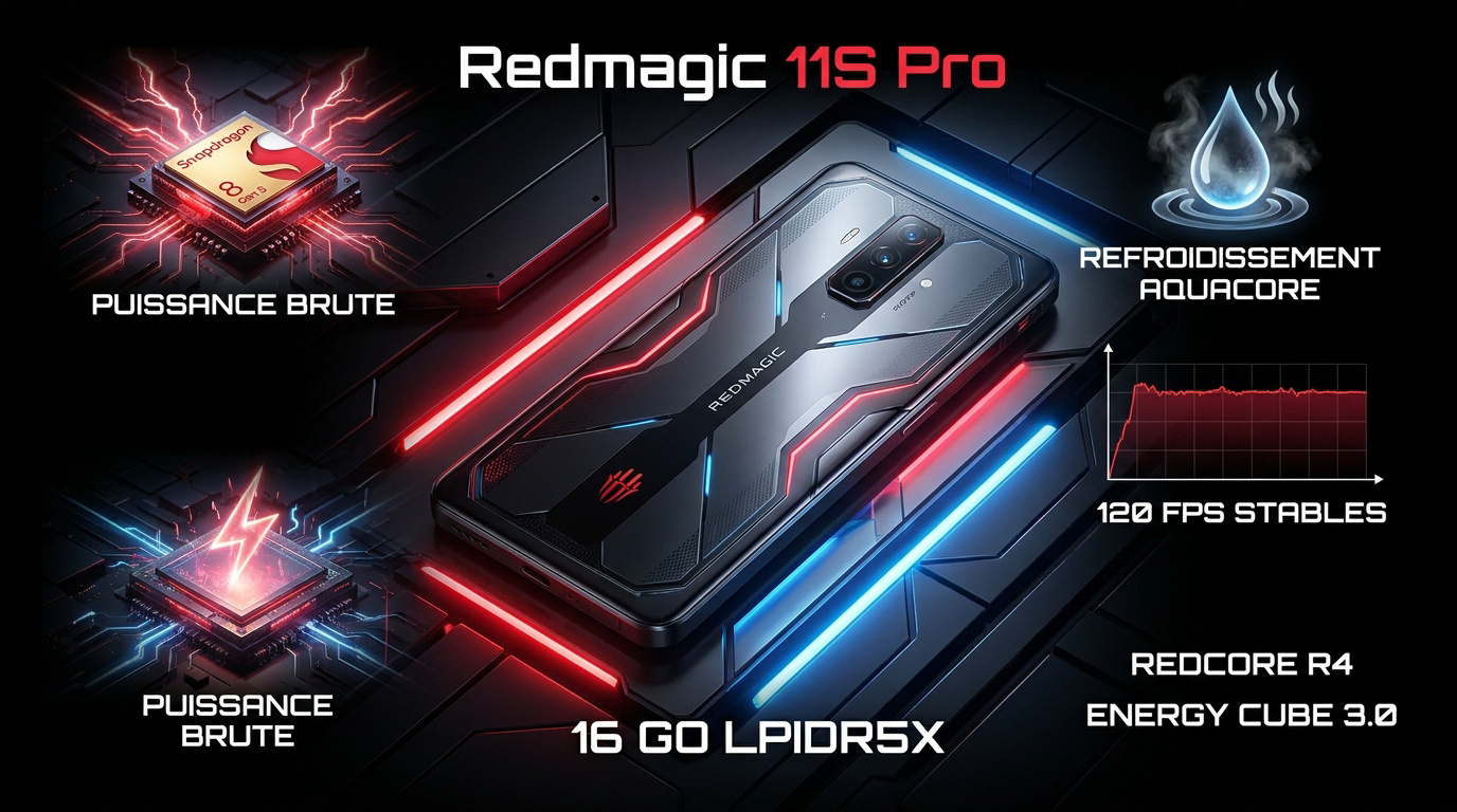 Smartphone gaming REDMAGIC 11S Pro affichant ses performances de refroidissement et son design transparent