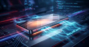 Smartphone futuriste sur circuit imprimé avec vapeur bleue émanant de la technologie AquaCore.