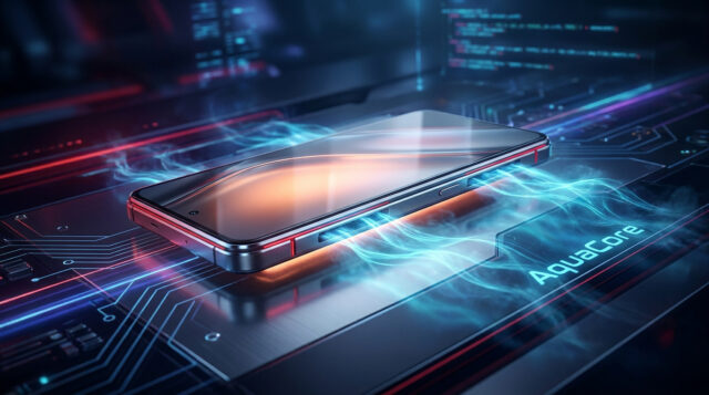 Smartphone futuriste sur circuit imprimé avec vapeur bleue émanant de la technologie AquaCore.