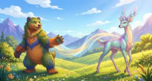 Un ours coloré salue un cerf majestueux et lumineux dans un paysage de prairie ensoleillée au style cartoon.