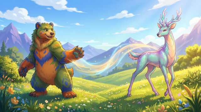 Palworld 1.0 vs Pokémon Pokopia : le duel Un ours coloré salue un cerf majestueux et lumineux dans un paysage de prairie ensoleillée au style cartoon.
