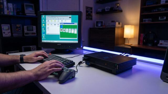 Windows 95 fonctionnant sur une console PlayStation 2 Mains jouant au Solitaire Windows 95 sur un écran CRT relié à une console PlayStation 2 posée sur un bureau.