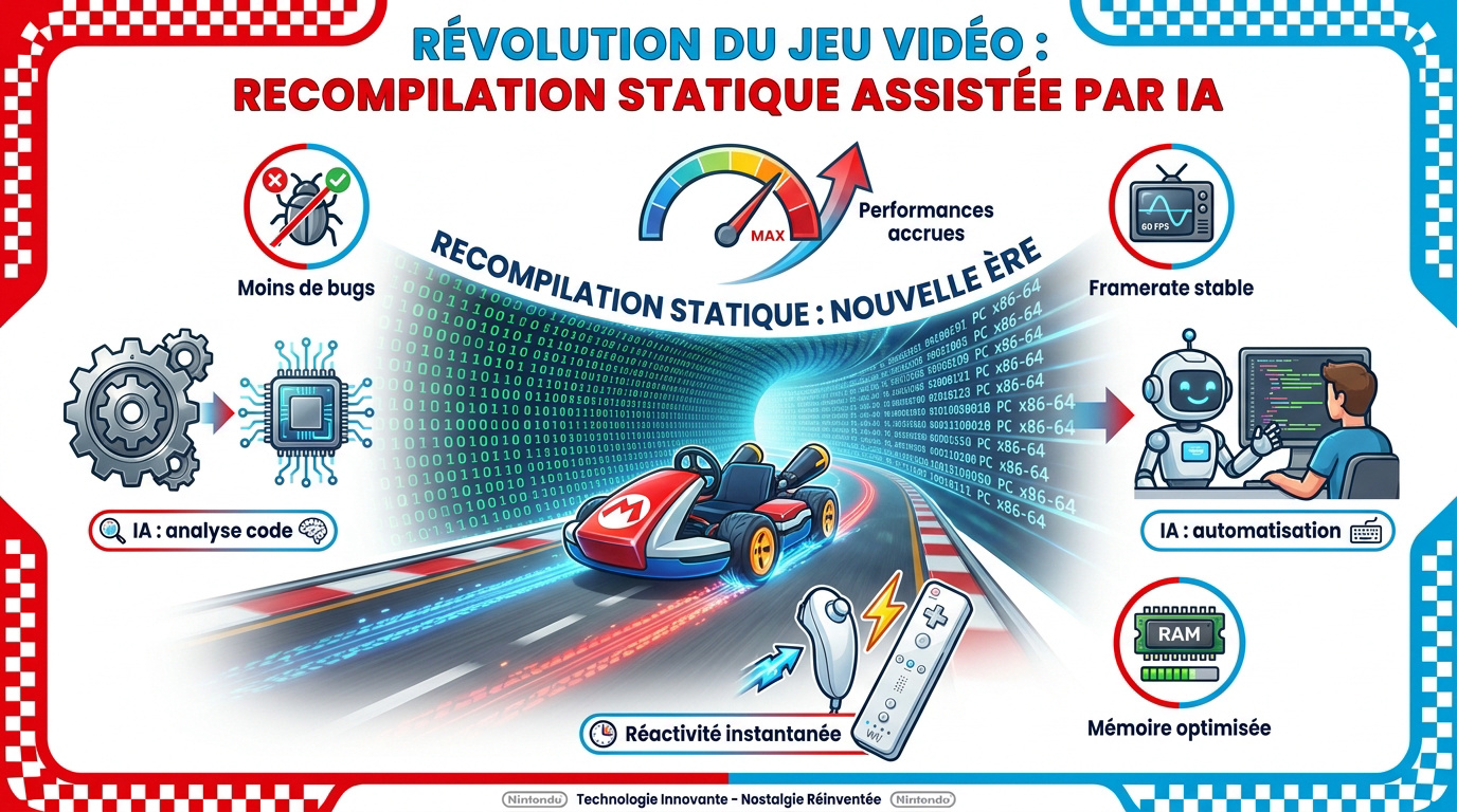 Illustration de la technologie de recompilation statique et intelligence artificielle pour le portage de jeux vidéo