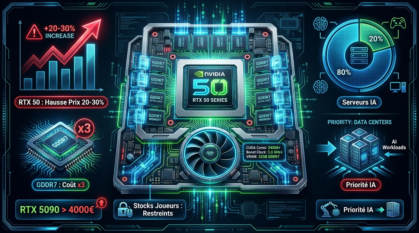 Graphique montrant la hausse des prix des GPU Nvidia RTX 50 et l'impact de l'IA sur les stocks