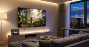Un salon moderne avec une Steam Machine compacte et un PC de bureau gaming connectés à une grande télévision.