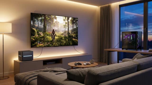 Steam Machine vs PC : Lequel choisir pour votre salon ? Un salon moderne avec une Steam Machine compacte et un PC de bureau gaming connectés à une grande télévision.