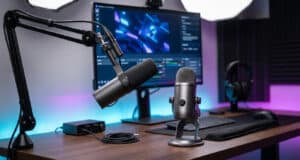 Setup de streaming professionnel avec deux micros sur un bureau en bois devant un écran affichant un logiciel.