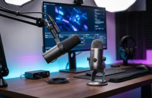 Setup de streaming professionnel avec deux micros sur un bureau en bois devant un écran affichant un logiciel.