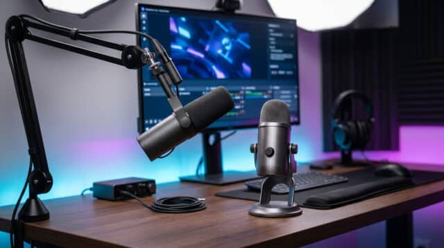 Meilleurs microphones pour le streaming Twitch en 2026 Setup de streaming professionnel avec deux micros sur un bureau en bois devant un écran affichant un logiciel.
