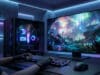 Setup gaming moderne avec tour PC éclairée en néon et écran affichant un paysage fantastique en 4K.