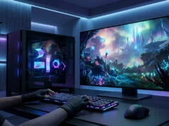 RTX 5080 vs RTX 5090 : quelle carte graphique choisir pour jouer en 4K ? Setup gaming moderne avec tour PC éclairée en néon et écran affichant un paysage fantastique en 4K.