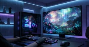 Setup gaming moderne avec tour PC éclairée en néon et écran affichant un paysage fantastique en 4K.