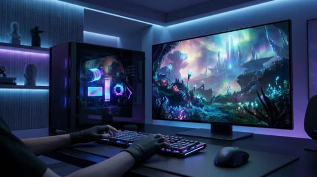 RTX 5080 vs RTX 5090 : quel choix pour la 4K ? Setup gaming moderne avec tour PC éclairée en néon et écran affichant un paysage fantastique en 4K.