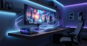 PC de jeu compact sur un bureau avec un écran incurvé affichant un paysage spatial sous un éclairage LED bleu néon.