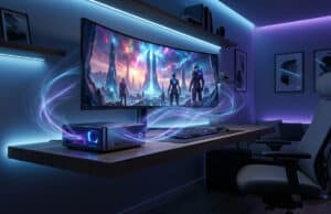 PC de jeu compact sur un bureau avec un écran incurvé affichant un paysage spatial sous un éclairage LED bleu néon.