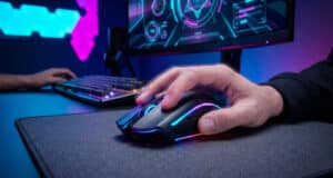 Une main utilisant une souris gaming ergonomique avec rétroéclairage RGB sur un grand tapis de souris sombre.