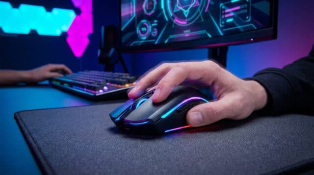 Les meilleures souris gamer ultra-légères en 2026 Une main utilisant une souris gaming ergonomique avec rétroéclairage RGB sur un grand tapis de souris sombre.