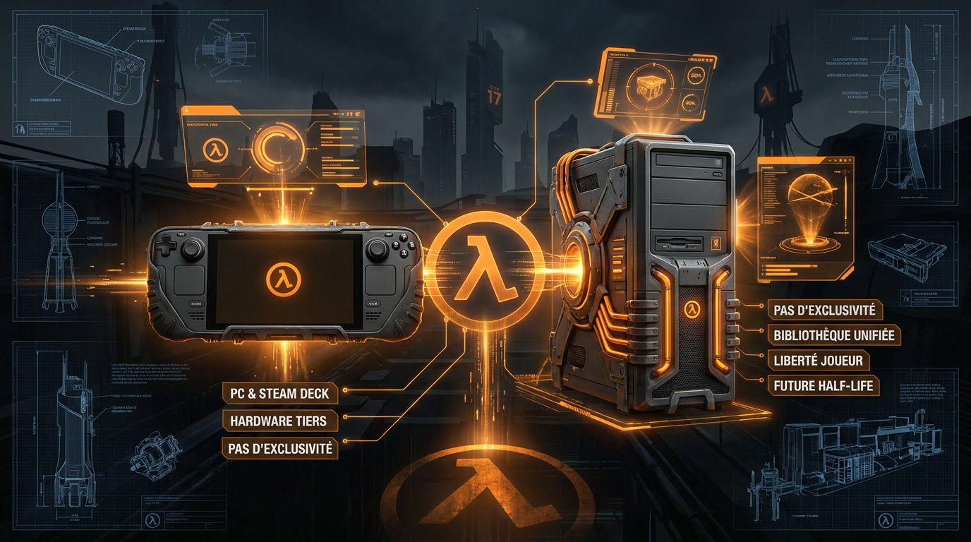 Console Steam Deck et PC gaming illustrant l'écosystème ouvert de Valve