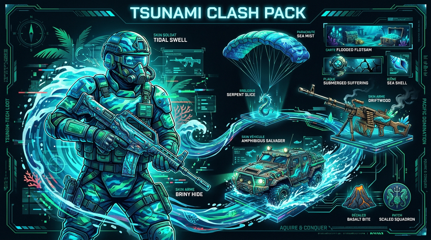 Infographie du contenu cosmétique du Tsunami Clash Pack pour Battlefield 6