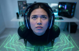 Une joueuse concentrée portant un casque gaming avec des ondes sonores numériques vertes autour d'elle.