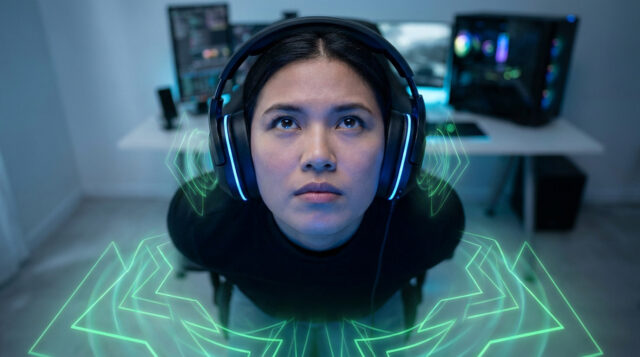 Optimisez l'audio sur CS2 pour entendre chaque pas Une joueuse concentrée portant un casque gaming avec des ondes sonores numériques vertes autour d'elle.