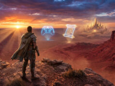 Avenir de Crimson Desert : tout sur les DLC et la suite Un guerrier regarde un paysage désertique avec des icônes holographiques de manette Xbox et de parchemin magique.
