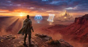 Un guerrier regarde un paysage désertique avec des icônes holographiques de manette Xbox et de parchemin magique.