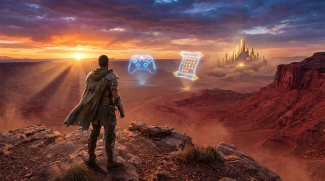 Crimson Desert : Avenir et DLC Un guerrier regarde un paysage désertique avec des icônes holographiques de manette Xbox et de parchemin magique.