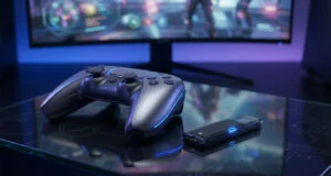 Manette futuriste et SSD externe posés sur une table en verre avec un écran de jeu en arrière-plan.
