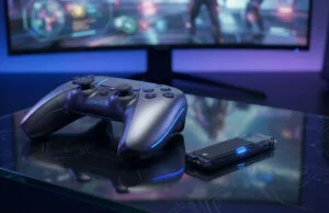 Accessoires indispensables pour préparer l’écosystème PlayStation 6 Manette futuriste et SSD externe posés sur une table en verre avec un écran de jeu en arrière-plan.