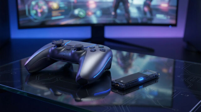 Accessoires gaming pour PlayStation 6 Manette futuriste et SSD externe posés sur une table en verre avec un écran de jeu en arrière-plan.
