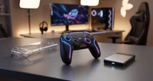 Manette noire rétroéclairée, coque transparente et disque dur posés sur un bureau de gamer avec PC en arrière-plan.