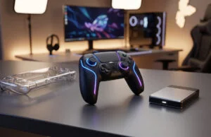 Quels accessoires acheter pour votre future Nintendo Switch 2 ? Manette noire rétroéclairée, coque transparente et disque dur posés sur un bureau de gamer avec PC en arrière-plan.