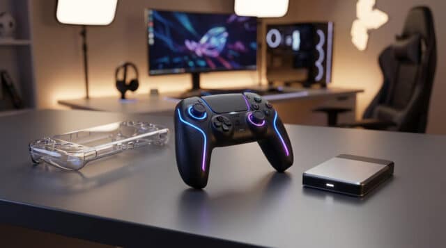 Accessoires indispensables pour Nintendo Switch 2 Manette noire rétroéclairée, coque transparente et disque dur posés sur un bureau de gamer avec PC en arrière-plan.