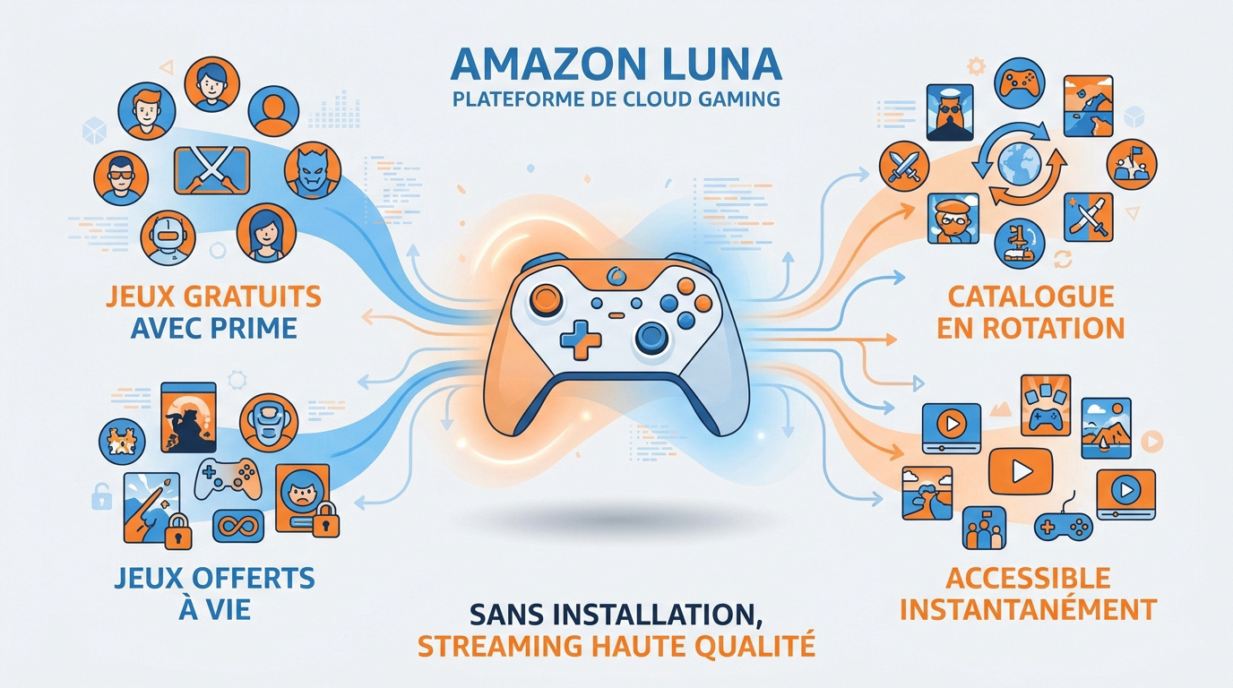 Interface Amazon Luna affichant des jeux en cloud gaming accessibles via Prime