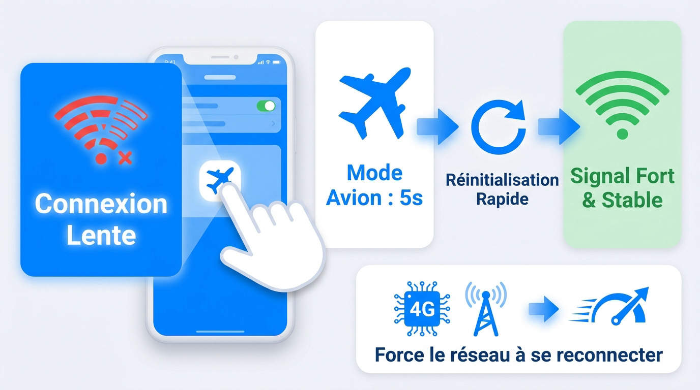 Illustration de l'activation du mode avion sur un smartphone pour booster la connexion