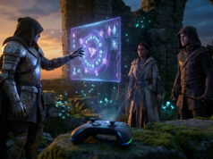 Les nouveaux mods BG3 console transforment ton aventure Trois personnages fantastiques regardent une interface magique holographique avec une manette de jeu au premier plan.