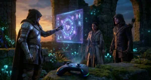 Trois personnages fantastiques regardent une interface magique holographique avec une manette de jeu au premier plan.