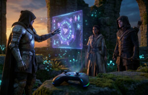 Les nouveaux mods BG3 console transforment ton aventure Trois personnages fantastiques regardent une interface magique holographique avec une manette de jeu au premier plan.