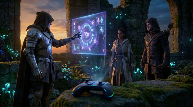Nouveaux mods console pour Baldur's Gate 3 Trois personnages fantastiques regardent une interface magique holographique avec une manette de jeu au premier plan.
