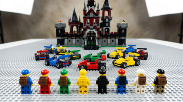 Figurines LEGO et karts devant un château Huit figurines LEGO et des karts miniatures alignés sur une plaque de base devant un grand château en briques LEGO.